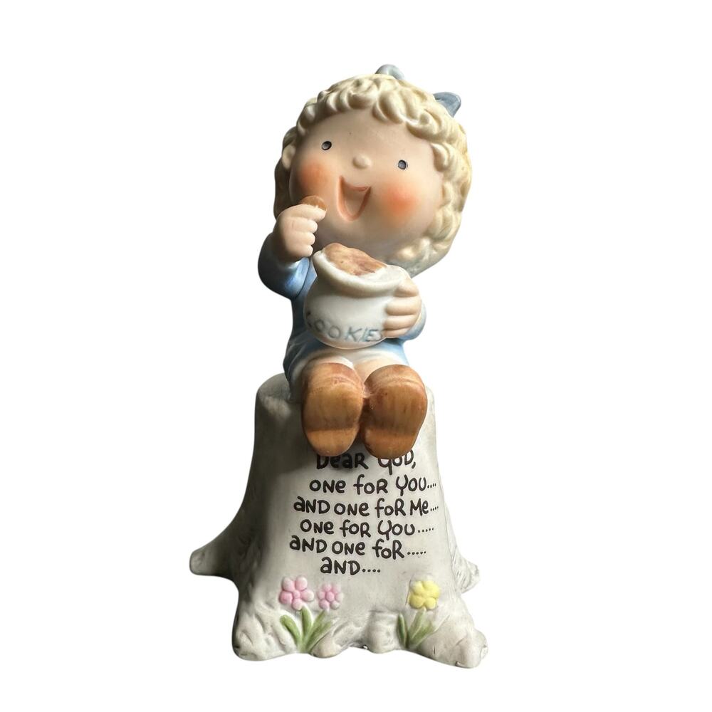 Dear God Kids Girl Sitting on a Stump Sharing Cookies with God Figurine 1982
